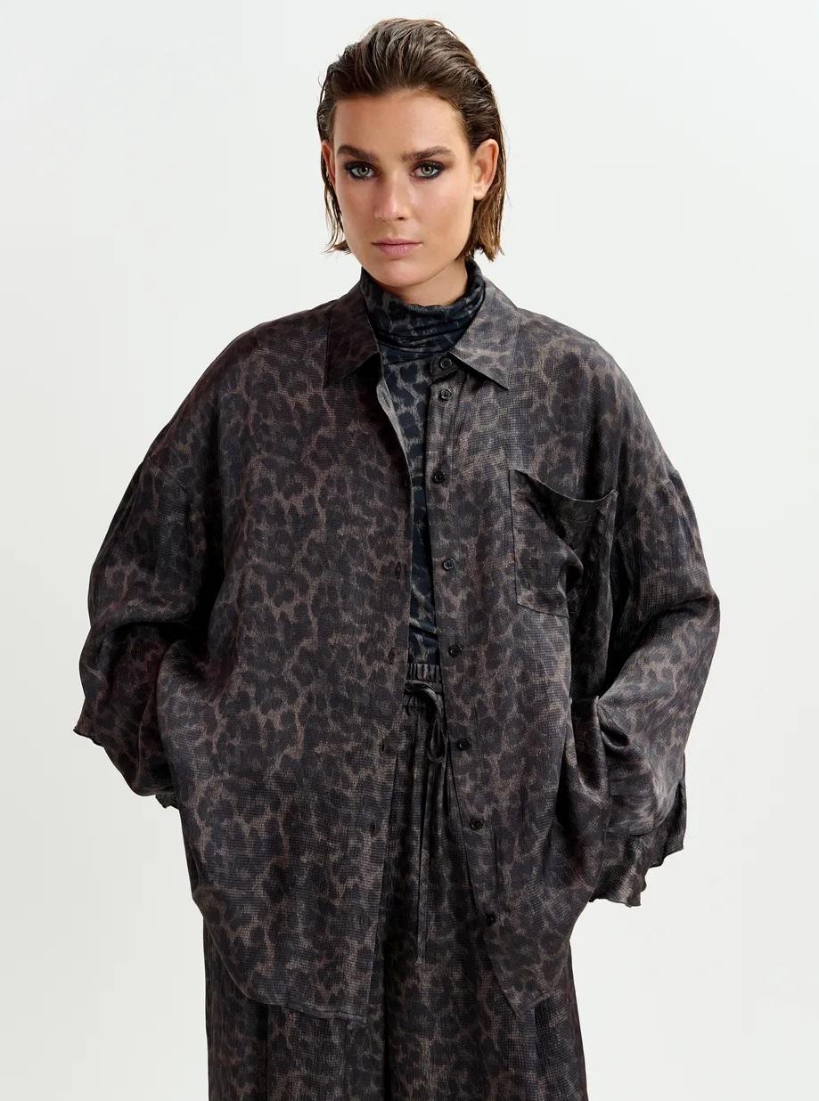 Camicia marrone e nera oversize con stampa leopardata e volant ILORIN000 ESSENTIEL