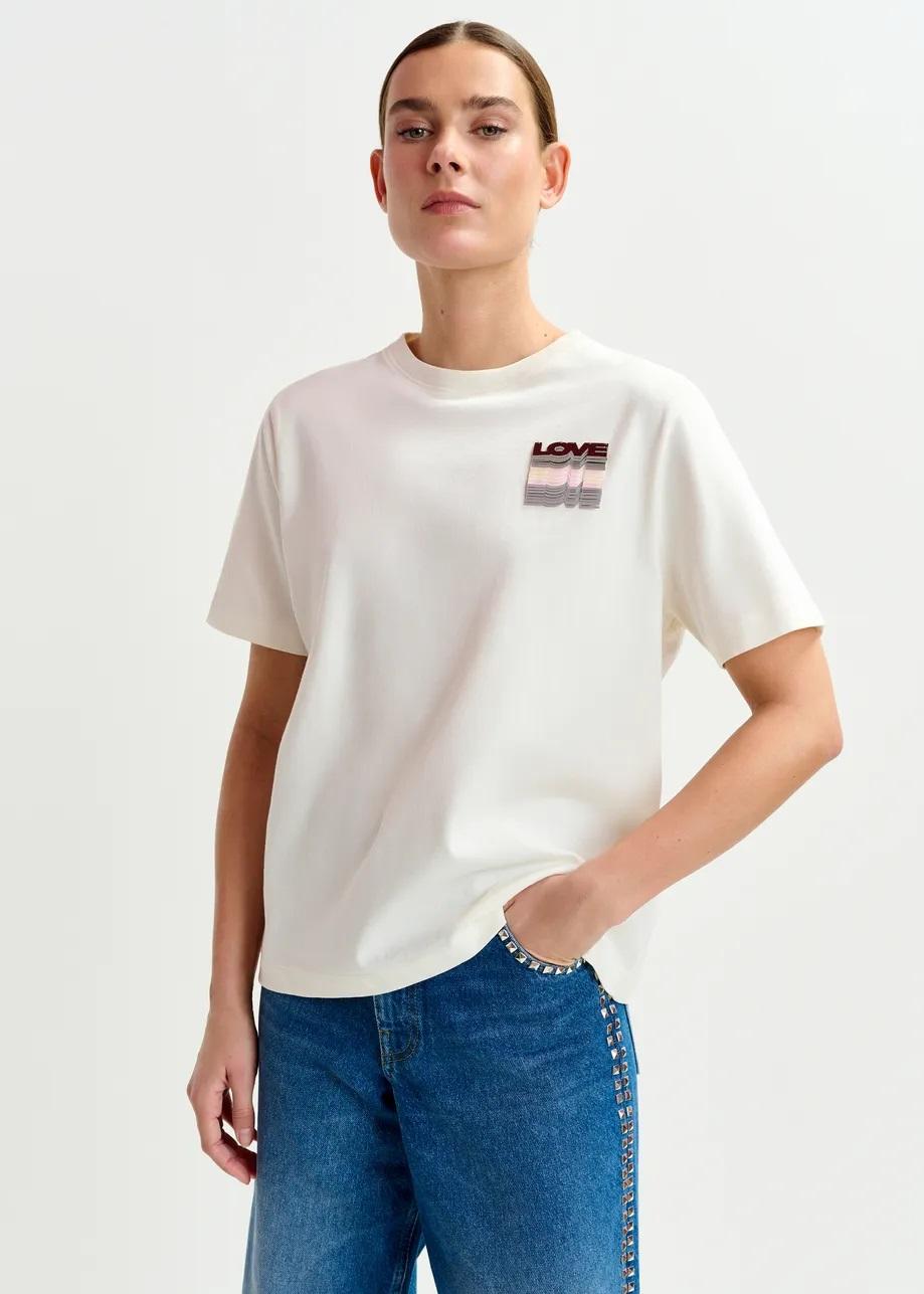 T-shirt in cotone color avorio e multicolore con ricamo di paillettes IMASTER007 ESSENTIEL