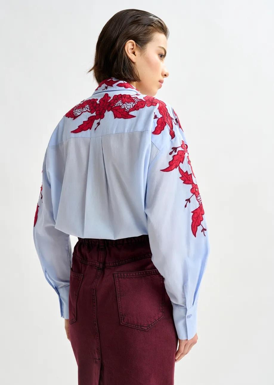 Camicia di cotone blu e bordeaux ricamata con applicazioni di strass INGLEWOOD022 ESSENTIEL