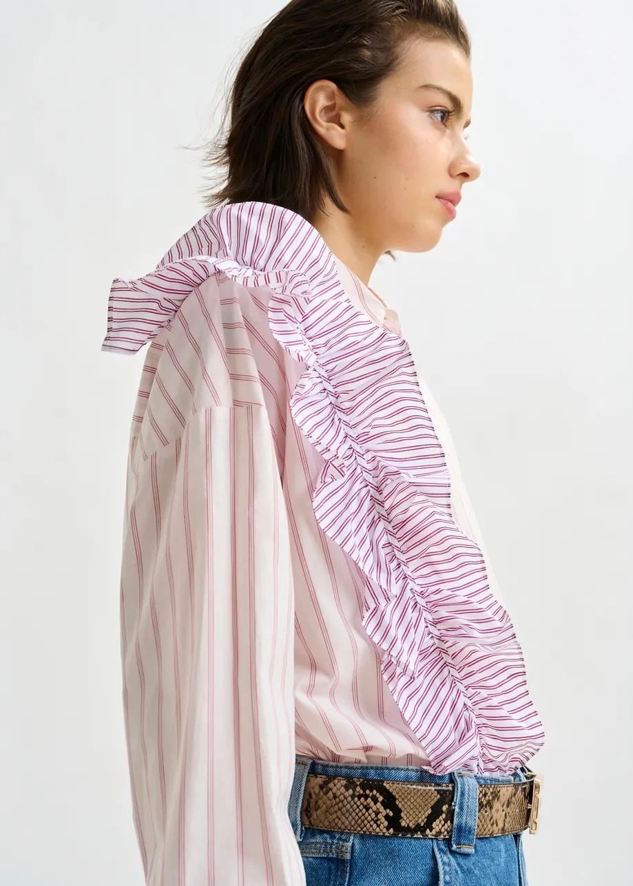 Camicia in cotone bianco sporco e rosso a righe con dettaglio a balze IBODY011 ESSENTIEL