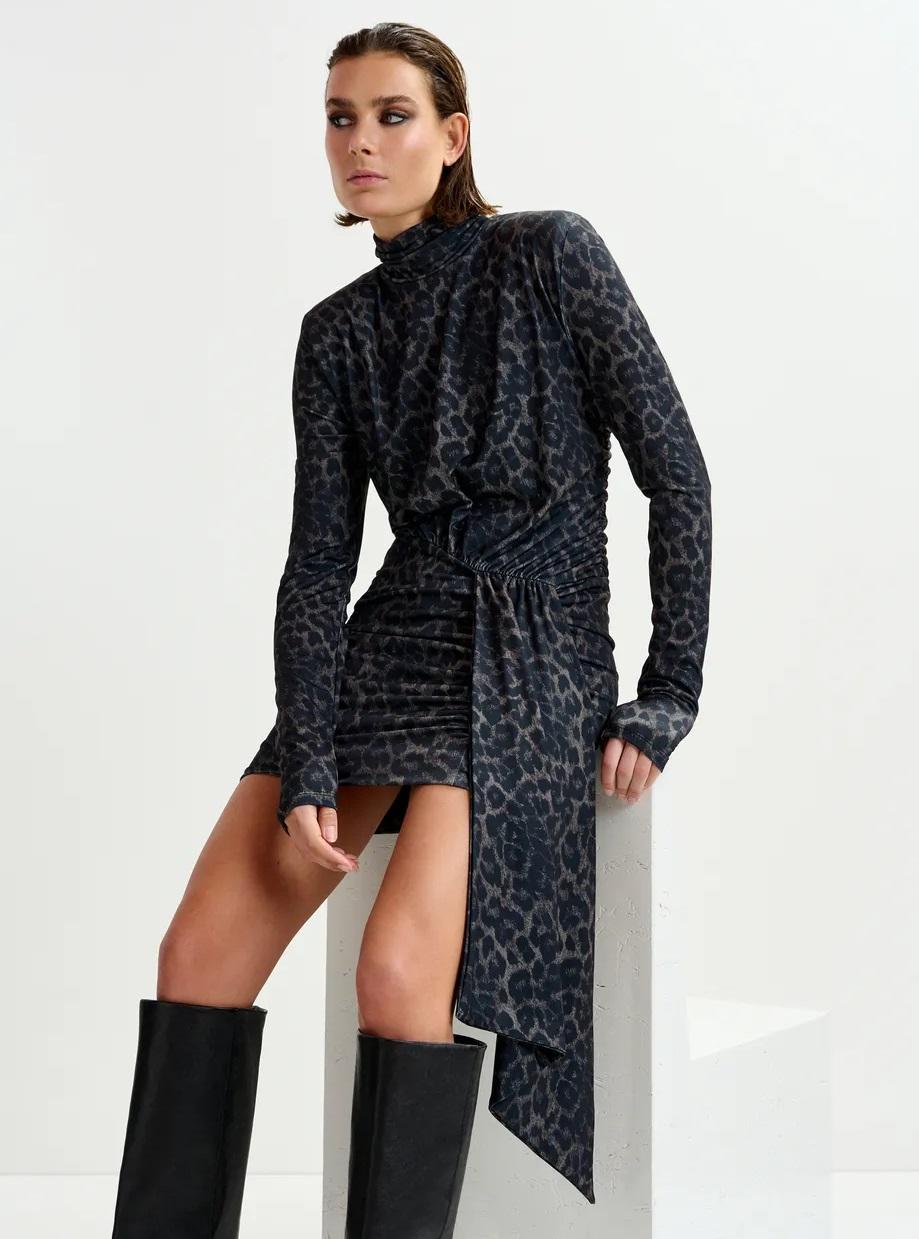 Miniabito marrone e nero drappeggiato con stampa leopardata e dettagli con ruches IMORTEL000 ESSENTIEL