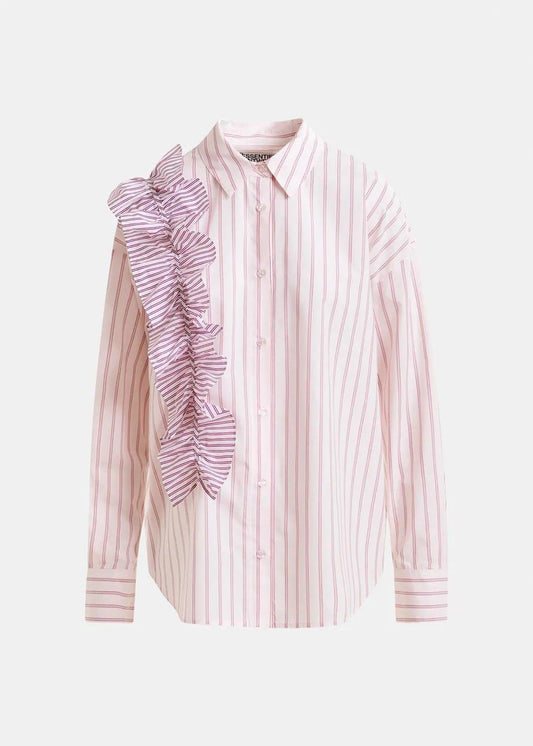 Camicia in cotone bianco sporco e rosso a righe con dettaglio a balze IBODY011 ESSENTIEL