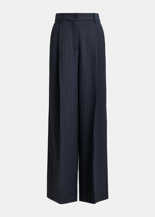 Pantaloni gessati a gamba larga blu navy e bianchi. INVEST003 ESSENTIEL