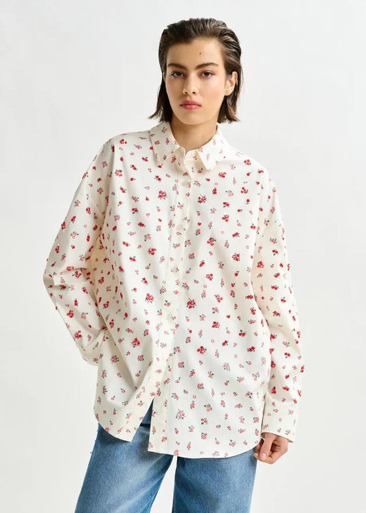 Camicia in misto cotone con stampa floreale nei toni del bianco sporco, rosso e verde ILILLY005 ESSENTIEL