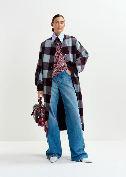 Cappotto a quadri in lana bordeaux intenso e blu. IFIT003 ESSENTIEL