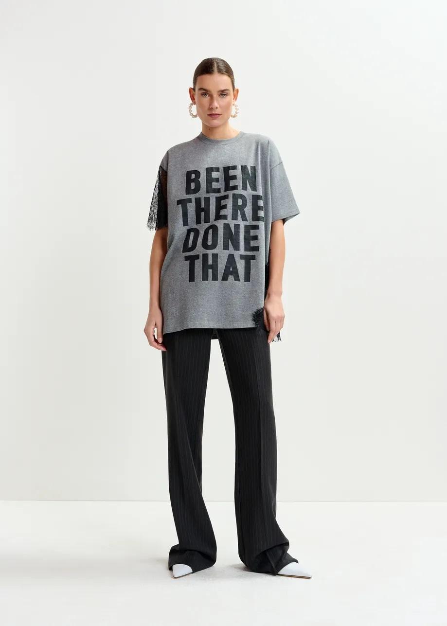 T-shirt grafica in cotone grigia e nero con dettagli in pizzo IBABY004 ESSENTIEL