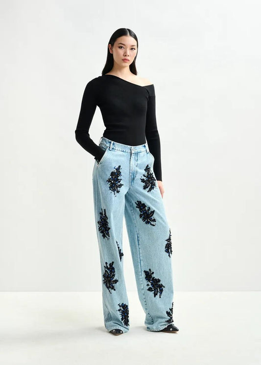 Jeans a gamba larga decorati blu e nero ICIE001 ESSENTIEL