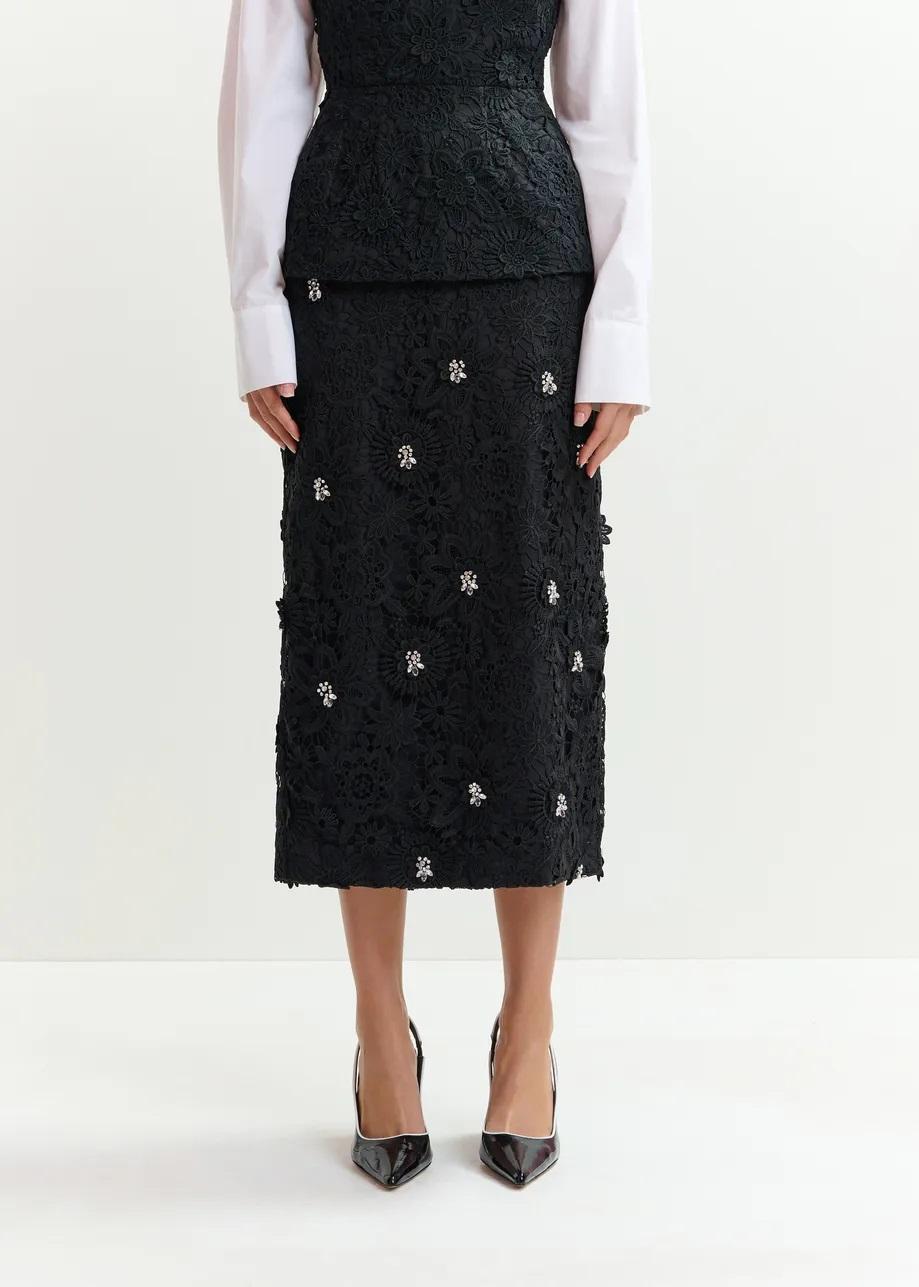 gonna a tubino in pizzo floreale nero con decorazioni in strass 