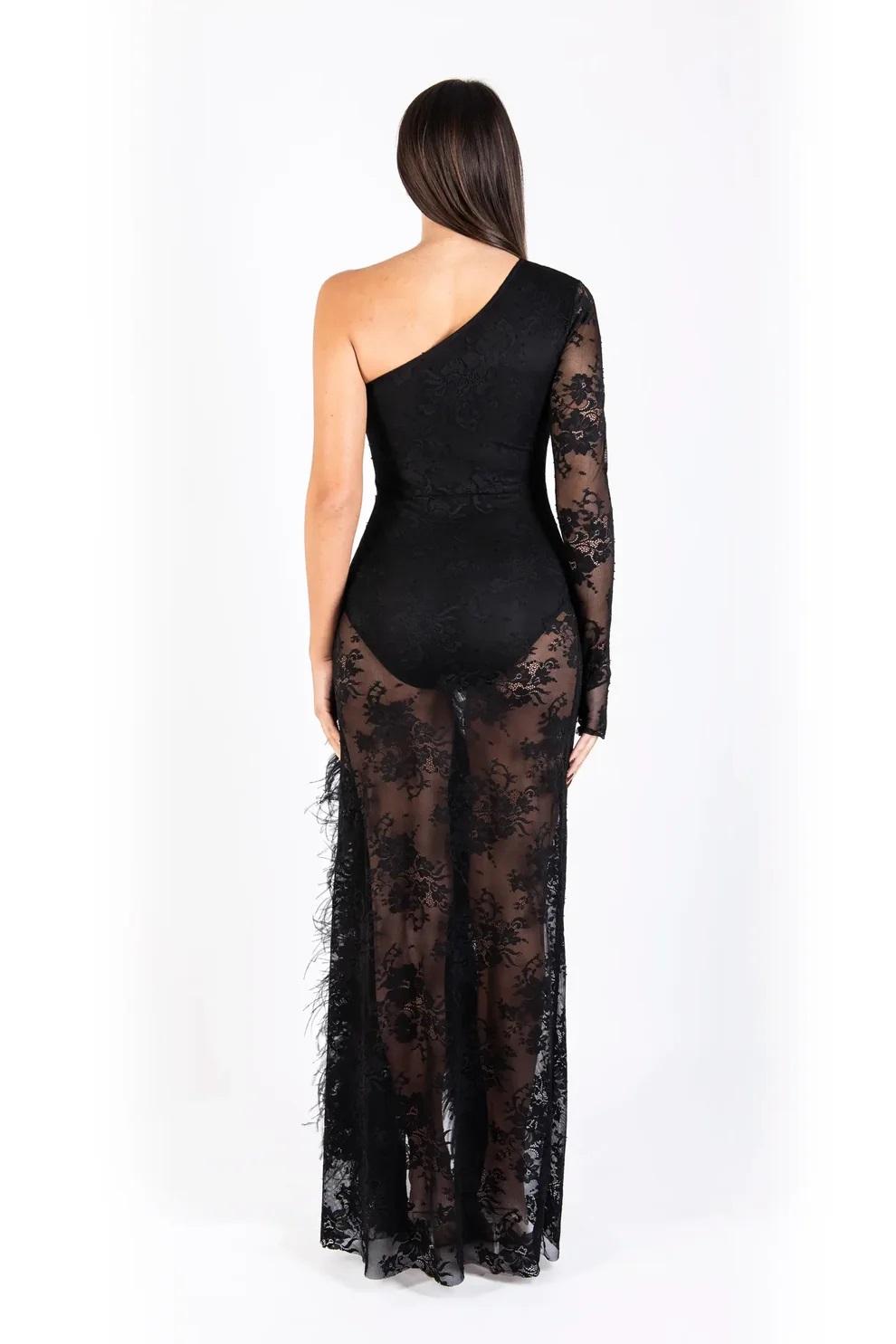 Abito lungo monospalla in pizzo con piume RL90000 DISTRICT MARGHERITA MAZZEI