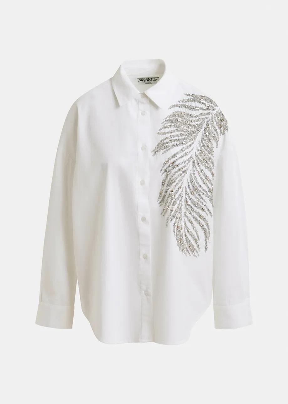 Camicia bianca e argento oversize in cotone con decorazioni in paillettes e perline ILIZA005 ESSENTIEL