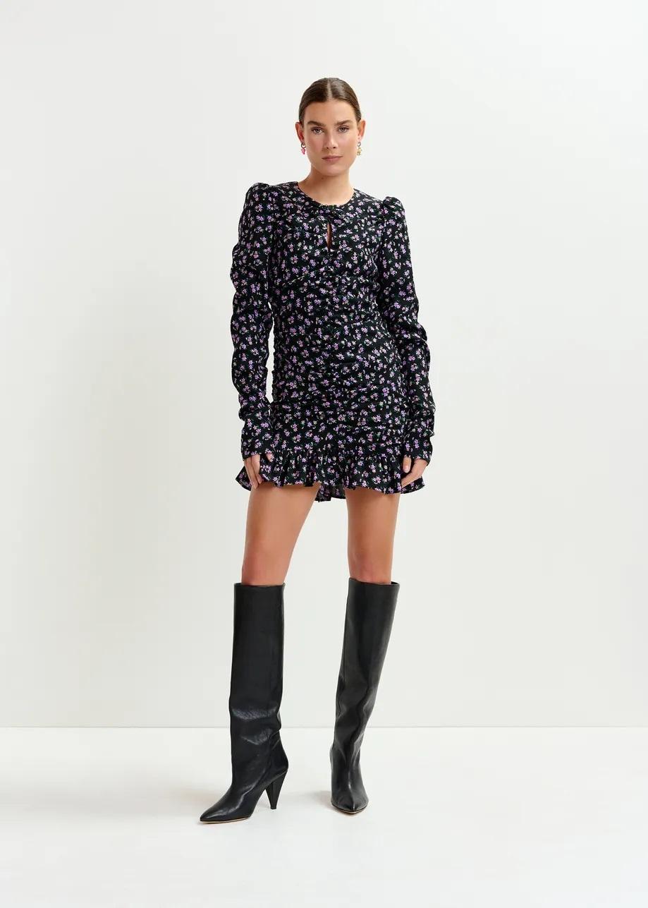 Mini abito stampato nero, viola e verde con increspature IMKE000 ESSENTIEL