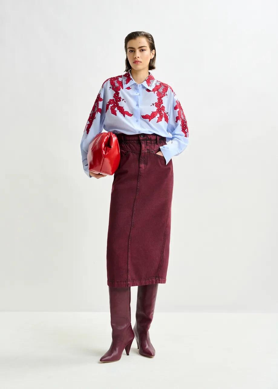 Camicia di cotone blu e bordeaux ricamata con applicazioni di strass INGLEWOOD022 ESSENTIEL
