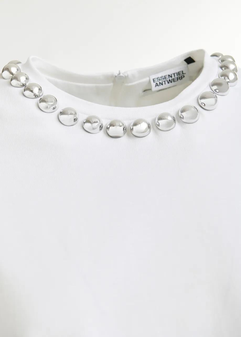 T-shirt in cotone bianco sporco e argento con decorazioni metallizzate tipo perla INTENSO005 ESSENTIEL