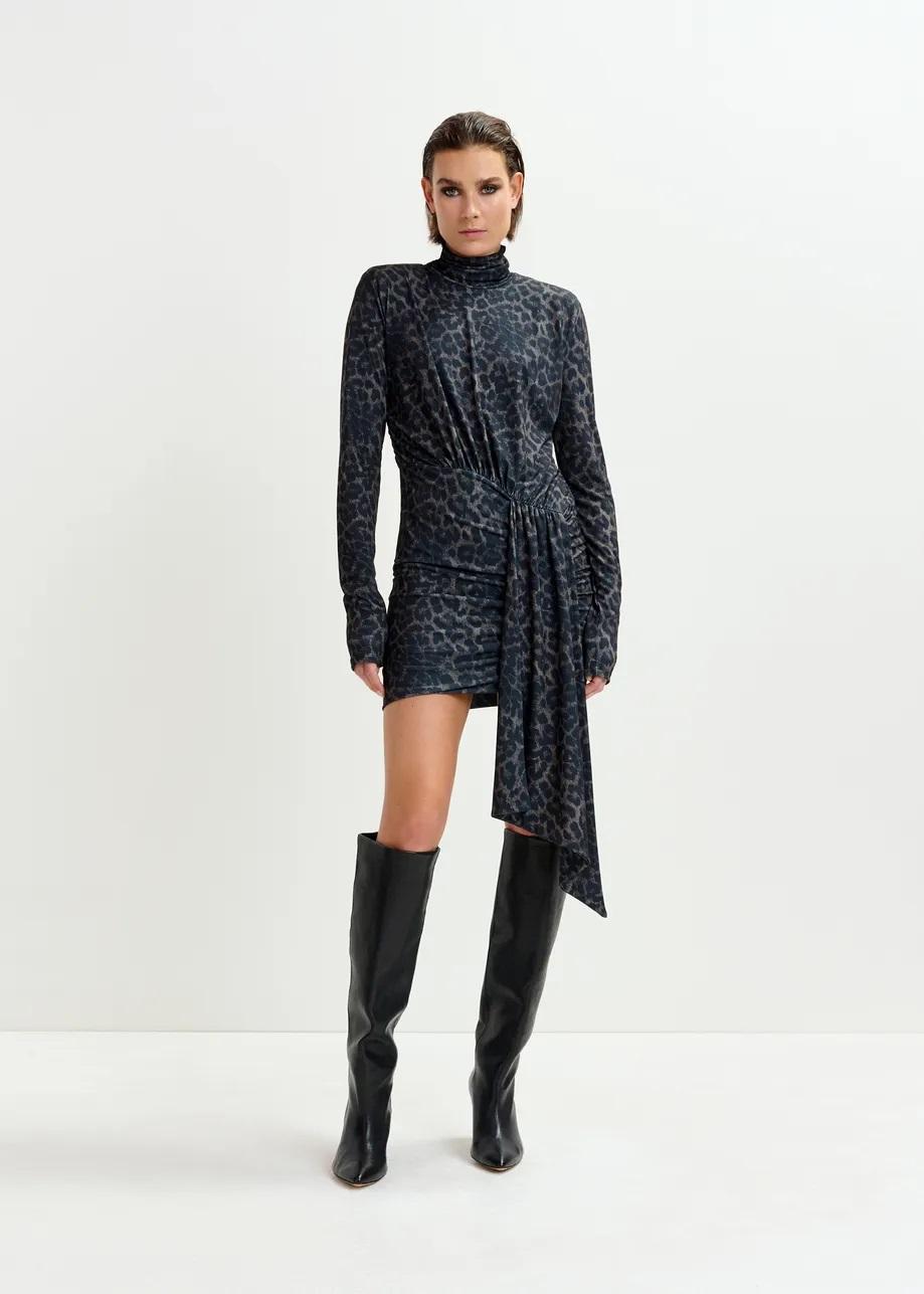 Miniabito marrone e nero drappeggiato con stampa leopardata e dettagli con ruches IMORTEL000 ESSENTIEL