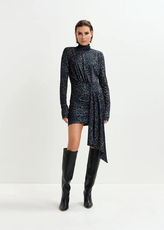 Miniabito marrone e nero drappeggiato con stampa leopardata e dettagli con ruches IMORTEL000 ESSENTIEL