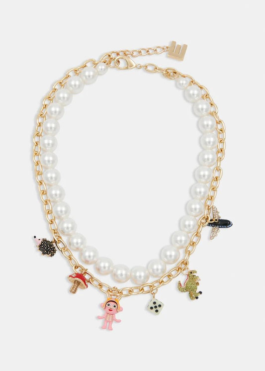 Collana a doppio filo color oro e avorio con perle e ciondoli IMANY018 ESSENTIEL