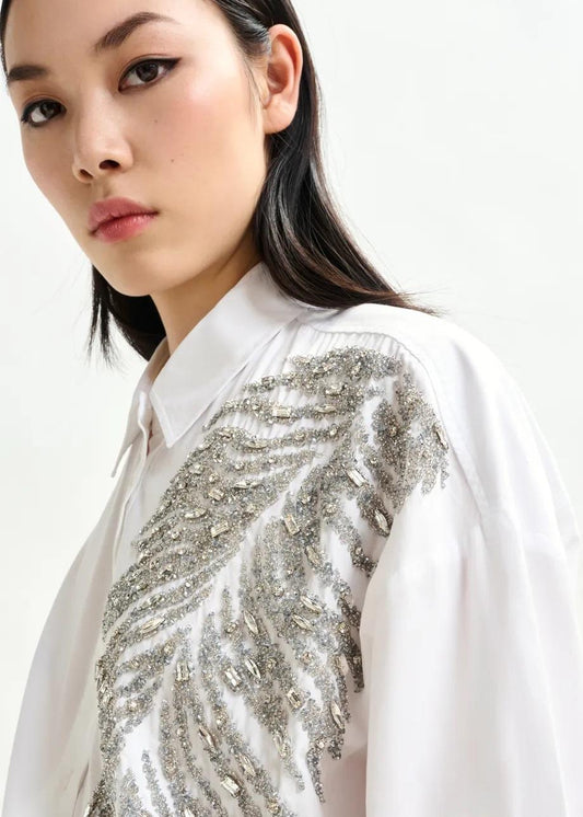 Camicia bianca e argento oversize in cotone con decorazioni in paillettes e perline ILIZA005 ESSENTIEL