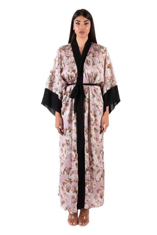 Kimono lungo fantasia con bordi a contrasto 