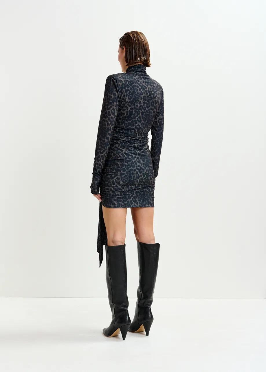 Miniabito marrone e nero drappeggiato con stampa leopardata e dettagli con ruches IMORTEL000 ESSENTIEL
