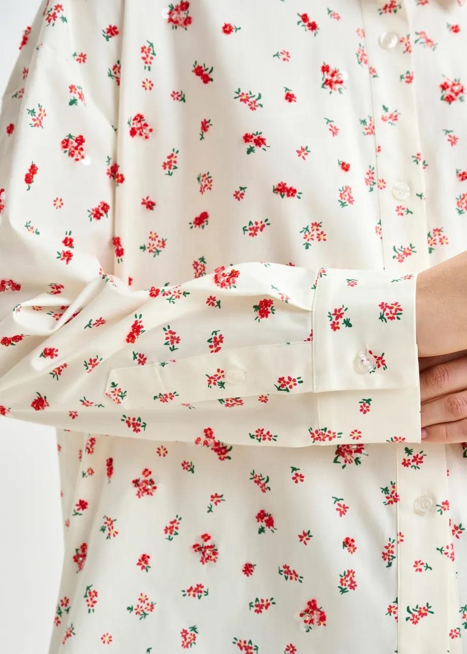 Camicia in misto cotone con stampa floreale nei toni del bianco sporco, rosso e verde ILILLY005 ESSENTIEL