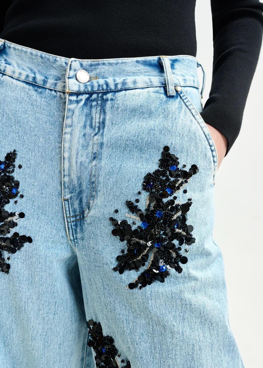 Jeans a gamba larga decorati blu e nero ICIE001 ESSENTIEL