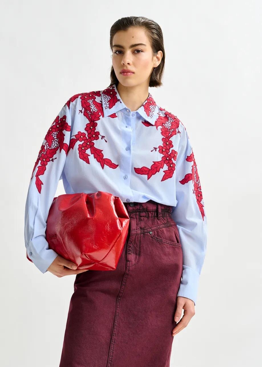 Camicia di cotone blu e bordeaux ricamata con applicazioni di strass INGLEWOOD022 ESSENTIEL